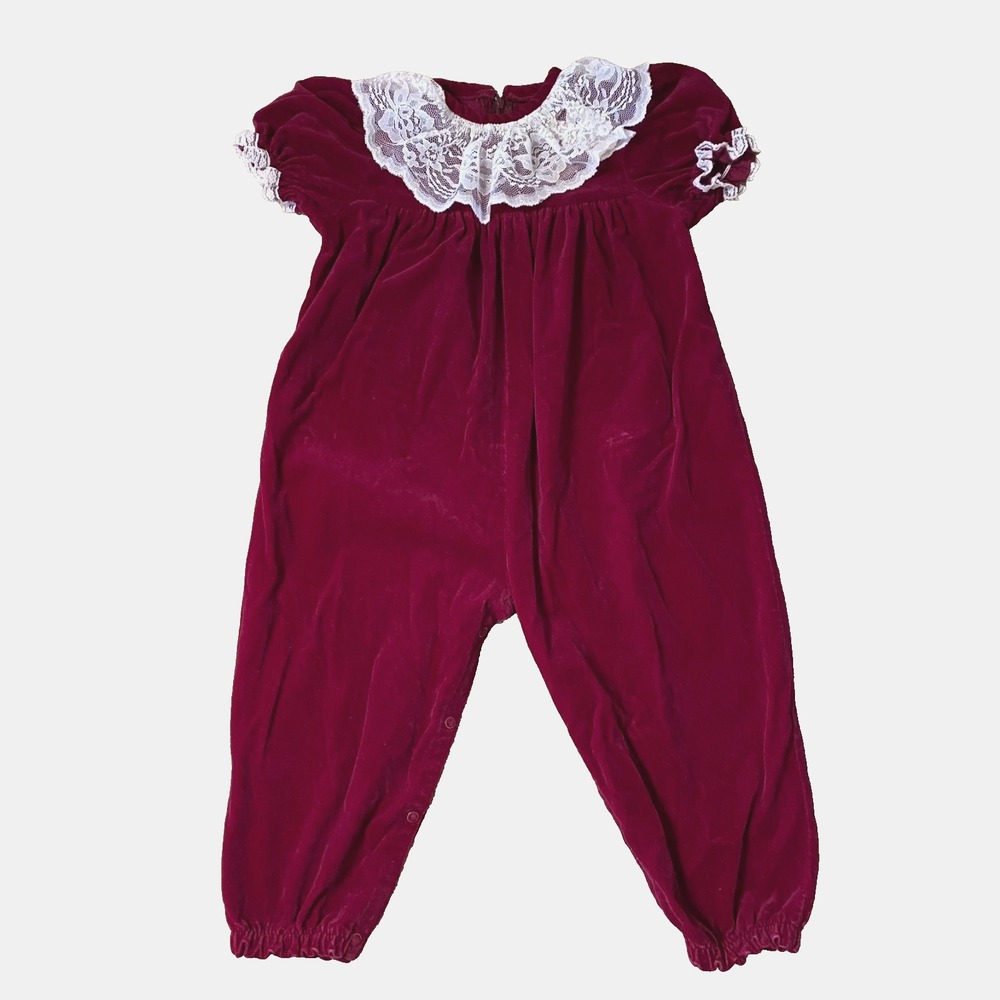 VGT Good Lad Girls 4T Red Velvet Lace‎ Ruffled Yolk Jumper Romper Jumpsuit